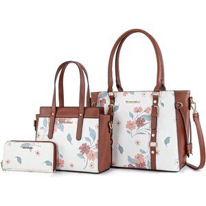 Womens  Flower Brown 3PCS Purses Set Tote Bag Wallet & Shoulder Satchel Handbags